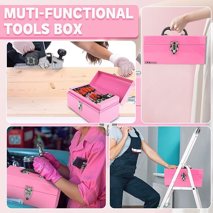 P.I.T. 12 Inch Tool Box,Portable Small Steel ToolBox with Metal Latch Closure for Household, Warehouse,Tools Storage,Pink