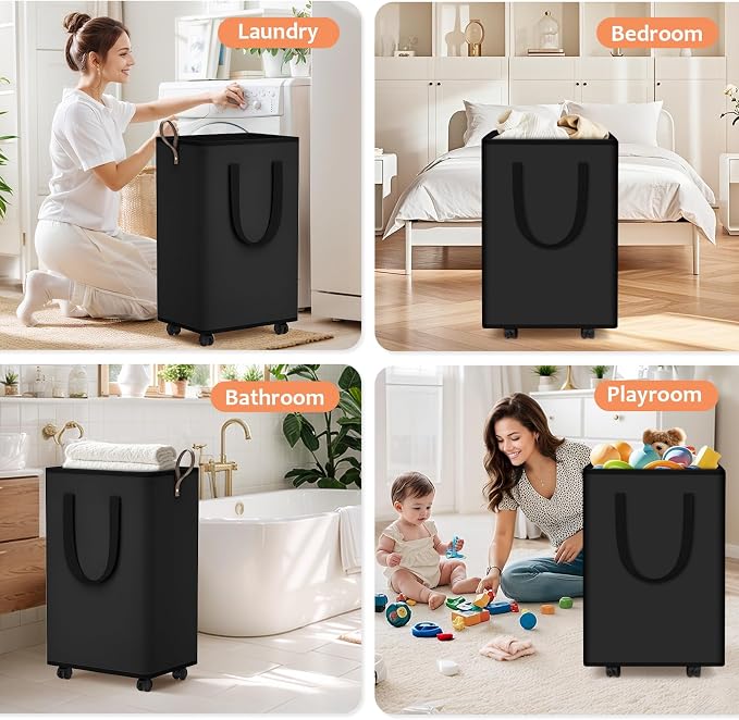 SpaceTrove Rolling Laundry Basket with Wheels, Laundry Hamper, 80L, Black | Collapsible, 4 detachable wheels including 2 with brakes, sturdy handle, metal frame, for dorms, bathrooms and bedrooms