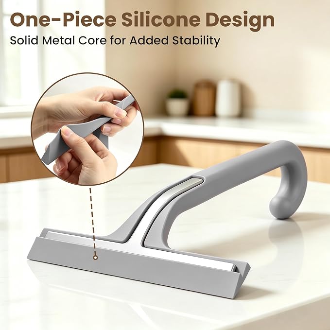 Shower Squeegee for Glass Doors - 10 Inch Bathroom Squeegee with Ergonomic Round Grip, Built-in Hook, Streak-Free No-Squeak Silicone Blade for Shower Glass, Tile Walls, Mirrors & Windows, Grey