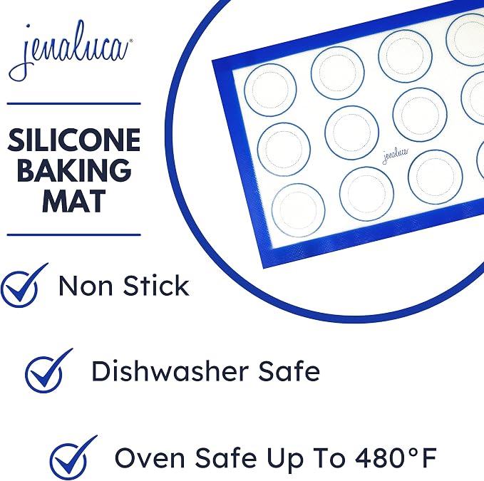 Jenaluca Silicone Baking Mats 2 Pack, Non-Stick, 16.5 x 11.6 inches | Food grade silicone pan liner with cookie measurements. Reusable for cookies, pastries & meal prep. Non-slip design.