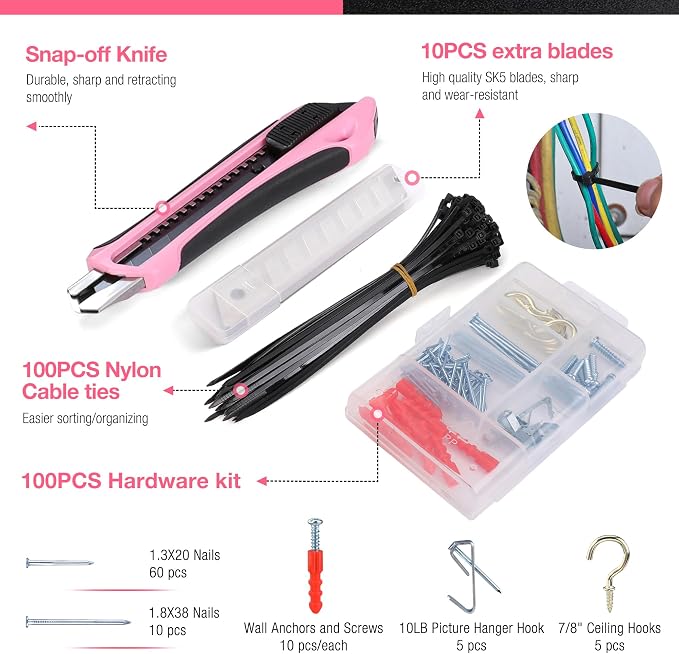 WORKPRO 277PCS Pink Tool Set, Portable Home Repairing Tool Kit for Women | with 13" Wide Mouth Open Storage Tool Bag, Home Tool Box Including Hammer, Screwdrivers, Pliers, Wrench and Household Tools