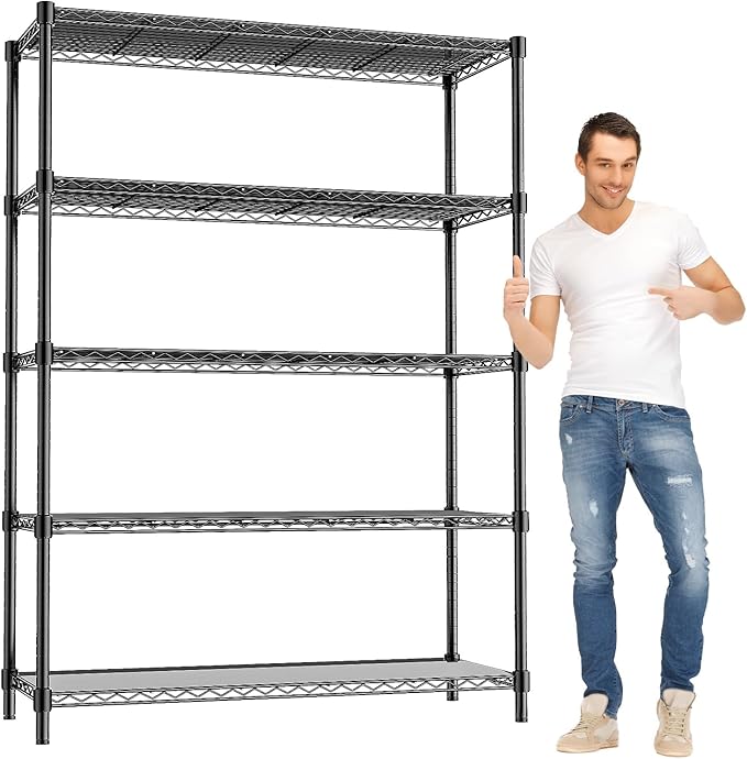 48" W Garage Shelving 1875LBS Heavy Duty Wire Shelving Unit, Metal 5-Tier Adjustable Steel Storage Rack with Liners, Storage Tote Rack, 48" W x 18" D x 72" H for Garage Commercial, Black