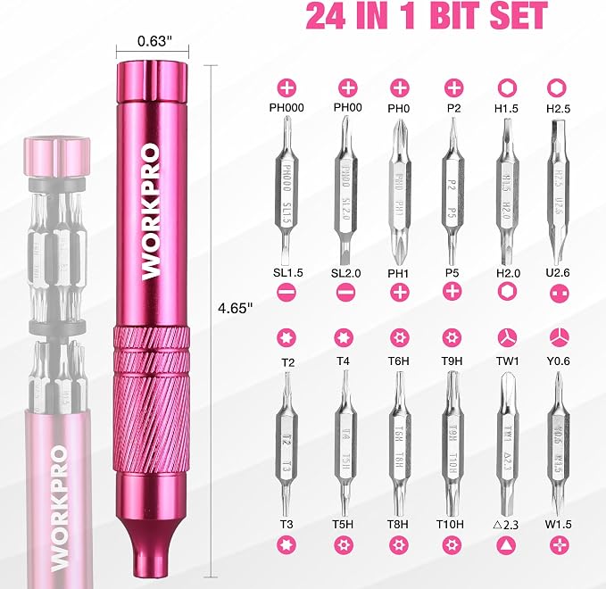 WORKPRO 24 in 1 Multi Bit Mini Screwdriver Set Magnetic, Pink | Manual Pen Screwdrivers, Tough S2 Steel Small Screwdriver Bits for Eyeglass, Watch, Laptop, Phone, Jewelry and Electronic