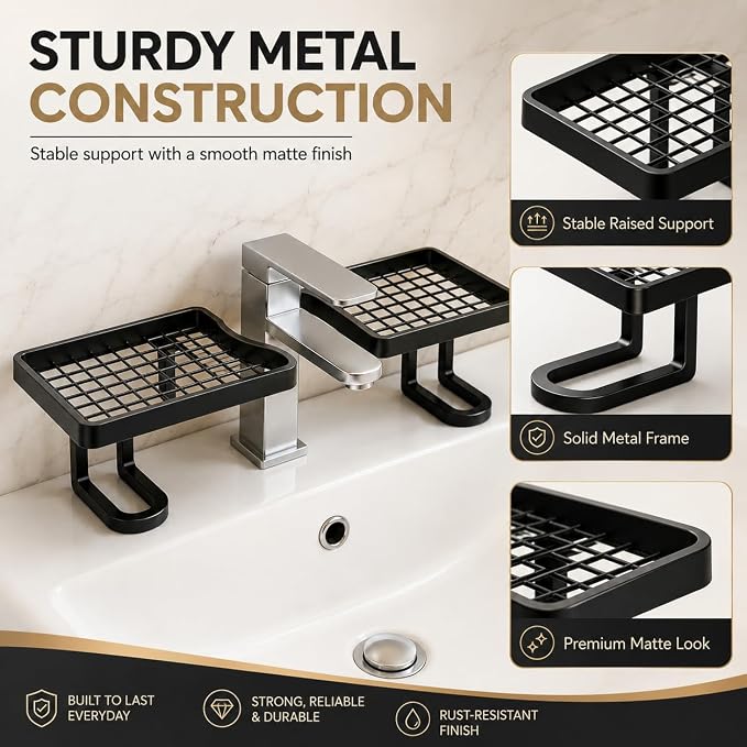 Over Sink Faucet Storage Rack, 2027 New No-Drill Free Standing Faucet Storage Shelf, Space-Saving Bathroom Countertop Organizer for Kitchen & Bathroom, Easy Drainage (Black)