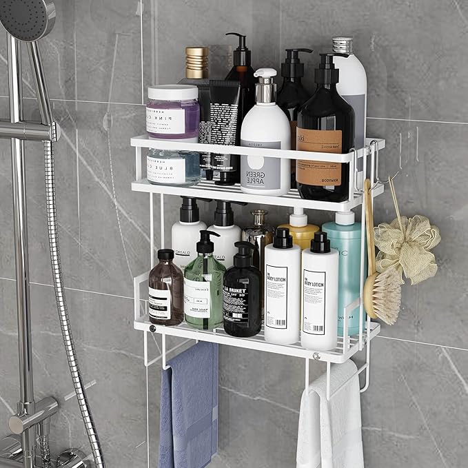 Godboat 2-Tier Over Toilet Storage Shelf, Wall-Mount with 2 Hook/Paper Rack | Bathroom Organizers and Storage Cabinet, Behind/Above/On/Top/Back Tank Shelves, Decor for Bathroom/Restroom/Kitchen/Bedroom
