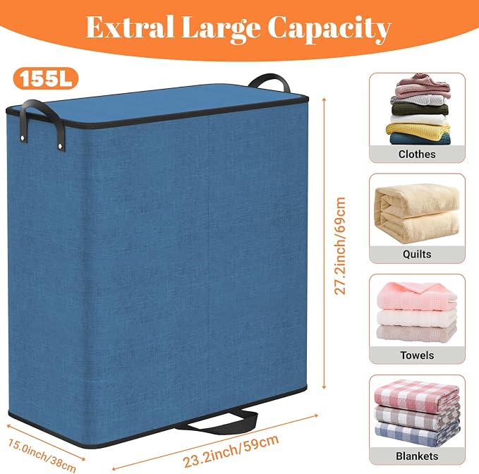 155L 2 Section Laundry Hamper with Lid, Laundry Basket, Blue | Large Laundry Hampers with Reinforced Handles & Removable Bags, Tall Dirty Clothes Hamper for Laundry Room, Bedroom, Bathroom