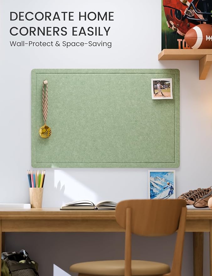 Fluxynara 35.4" x 23.6" Bulletin Board, Moss Green | Cork Board Alternative with 12 Removable Adhesive Tabs, Foldable Felt Pin Board for Home, Office, Classroom & Dorm