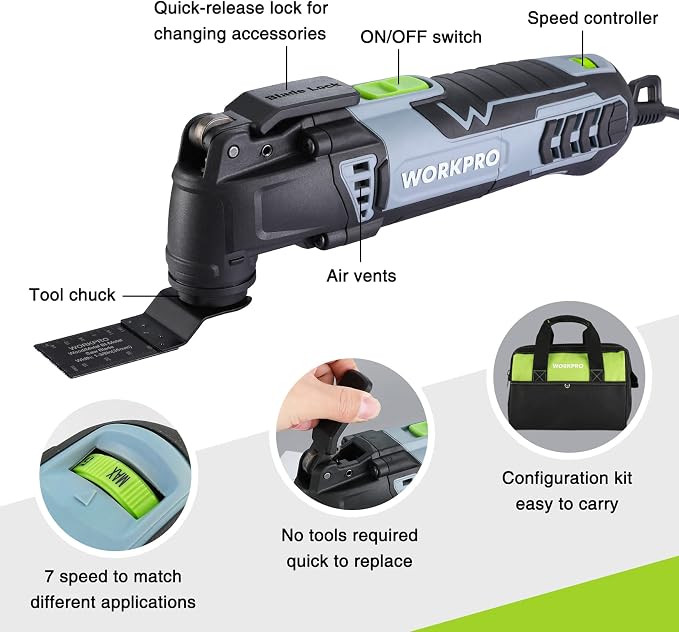 WORKPRO 3.0 Amp Corded Oscillating Multi-Tool Kit | 7 Variable Speeds, 3° Oscillation Angle, Quick-Lock Blades, 17pcs Accessories with Storage Bag, Ideal for DIY Projects