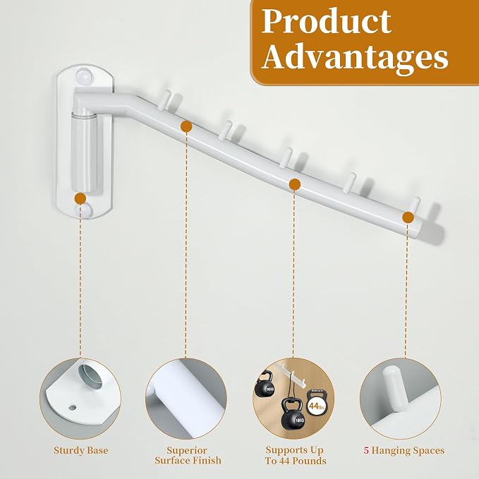 Alise Swing Clothes Hanger Rack,Swivel Garment Hanger Wall Mount,White,1P | Clothes Bar-Hanger Holder Hooks Heavy Duty Folding Drying Rack Space Saving Clothing Hanging System Closet Storage Organizer