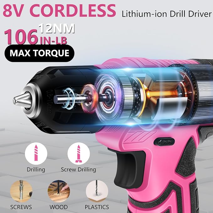 JENABOM 127-Piece Home Tool Set with 8V Pink Cordless Drill | With Portable Toolbox, Hand Tools for Home Repair, DIY Projects & Daily Use, Gift for Women & Men
