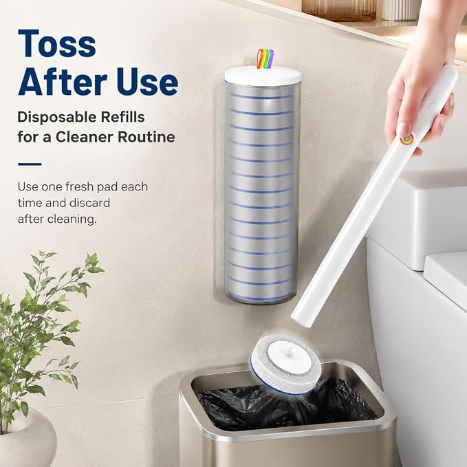 Disposable Toilet Brush with 48 Refills and Replaceable Scrubber Heads, Toilet Bowl Cleaner Wand and Wall-Mounted Holder, Space Saving Bathroom Cleaning System for Home, Apartment and RV