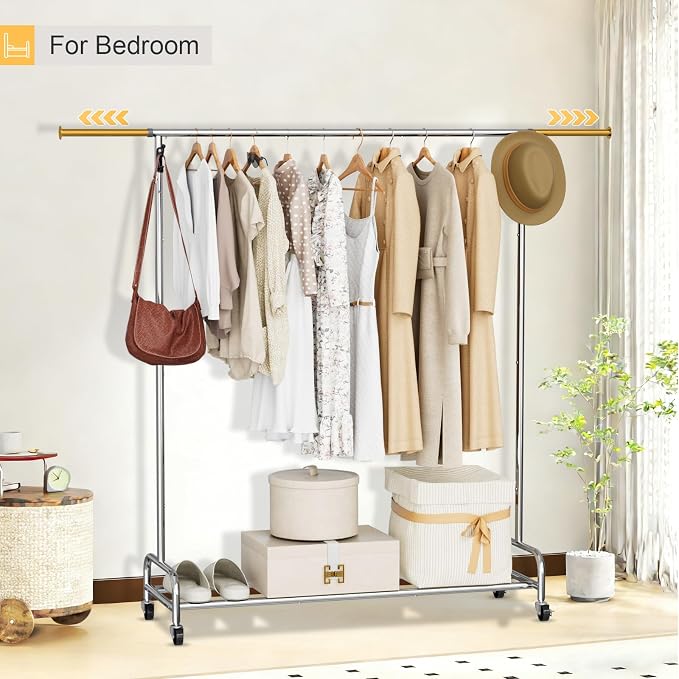 Clothing Rack Chrome, 47.05" to 65.94" Adjustable Rolling Clothing Rack, Standard Drying Garment Rack for Hanging Clothes, Metal Clothes Organizer with Wheels for Bedroom, Laundry Room, Silver