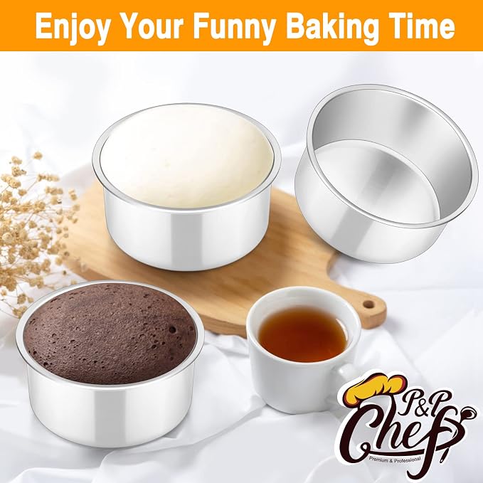 P&P CHEF 4 Inch Round Cake Pan Set of 3, Stainless Steel Round Baking Layer Pans Bakeware for Layer Birthday Cake, Fit Oven/Pots/Pressure Cooker, Leakproof & Dishwasher Safe, Silver