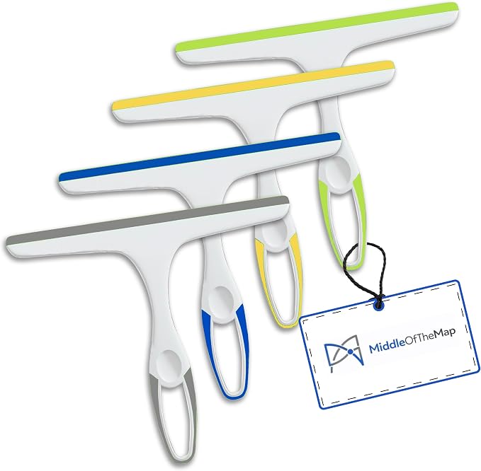 Middleofthemap Shower Squeegee - Flexible Silicone Blade, Lightweight Plastic Handle, Easy Hanging Hook, Attractive Colors, Perfect for Glass Doors, Windows, Tiles, and Mirrors 9.5" (4)