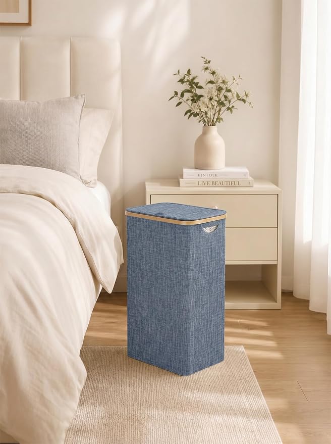 IEGrow Laundry Hamper with Lid,110L Laundry Basket with Mesh Bag,Blue | Dirty Clothes Hamper Basket with Bamboo Handle for Clothes Towels Organization