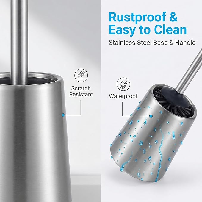 SUS304 Stainless Steel Toilet Brush and Holder Set Toilet Brush Case Cleaner for Toilet Bowl Bathroom Cleaning Brush Caddy Cepillo de Baño wih Oily Coating Brushed Stainless Chrome