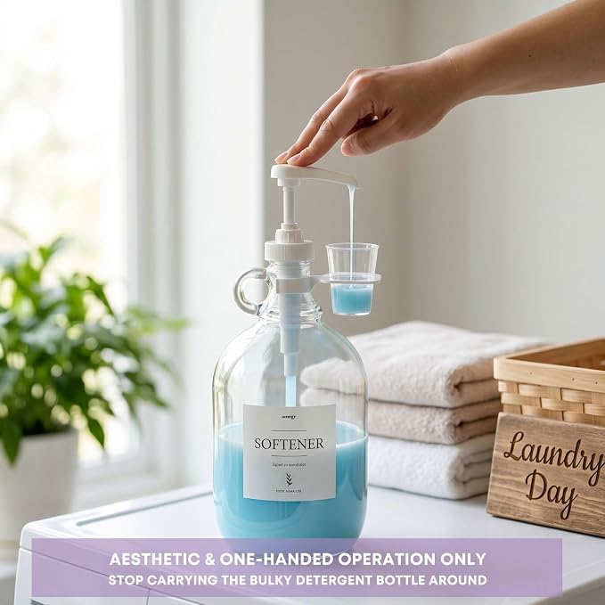 2 Pcs Glass Liquid Laundry Detergent Dispenser with Cup Holders, Half Gallon Dispenser for Laundry Room (64 oz. Each), Laundry Detergent Bottles with Pump Dispenser -Includes Labels, Measuring Cups