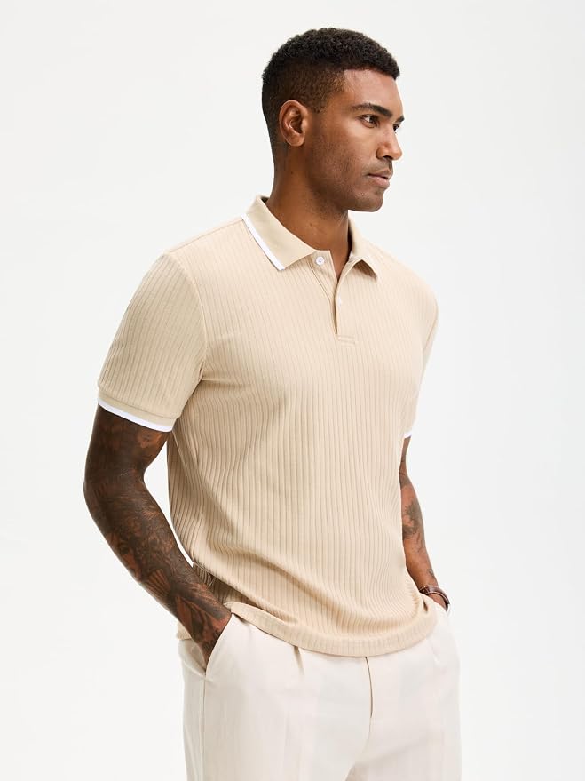 Comdecevis Men's Regular Fit Short Sleeve Knit Polo Shirts | Business casual, lightweight, breathable, stretch textured fabric, moisture wicking, easy care