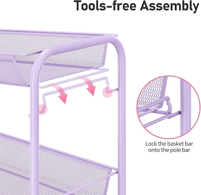 TOOLF 3-Tier Metal Rolling Cart, Mesh Wire Easy Assemble Utility Cart, Storage Trolley on Wheels with 3 Hooks, MetalStorage Shelving Units for Kitchen Bathroom Laundry Room