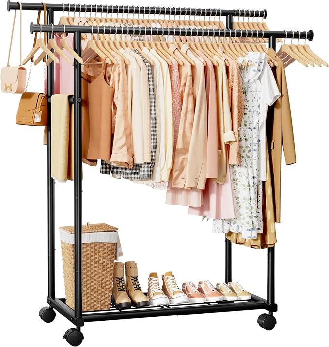 Sakugi Double Rods Clothes Rack - Metal Clothing Rack with Fixed Double Rods, Rolling Wheels & Built-In Shelf for Closet, Bedroom, Laundry Storage (45.6" x 17" x 61", Black)