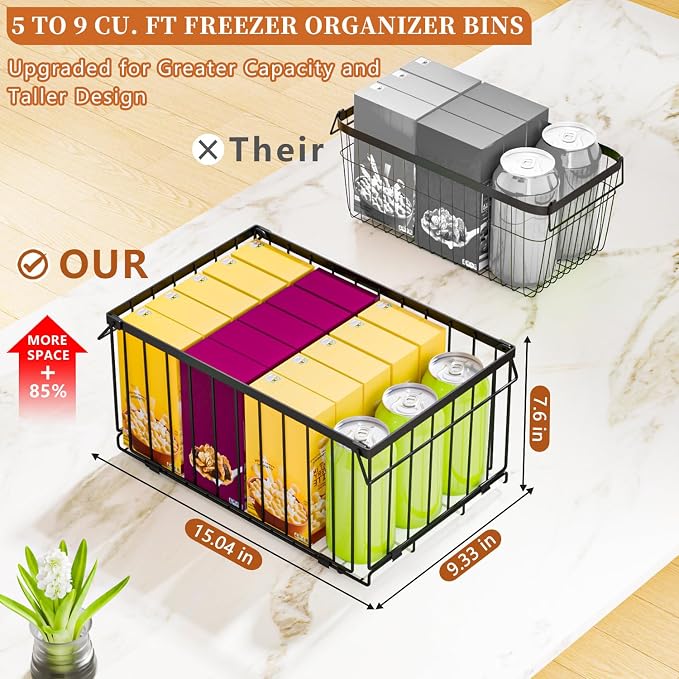 Large Freezer Organizer Bins, Upgrade Quick Expand/Collapse Feature, for 5-9 Cu.Ft Deep Freezer, 4 Pack Stackable Deep Freezer Organizer Bins, Black Wire Foldable Baskets (Black 4 Pack)