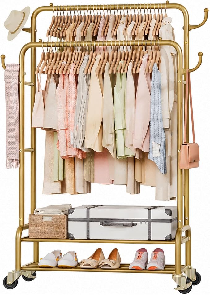 Homde Heavy Duty Clothes Rack: 265lb Rolling Double Rod Garment Hanging - Metal Coat Organizer Storage Display Shelf on Wheels for Bedroom Laundry