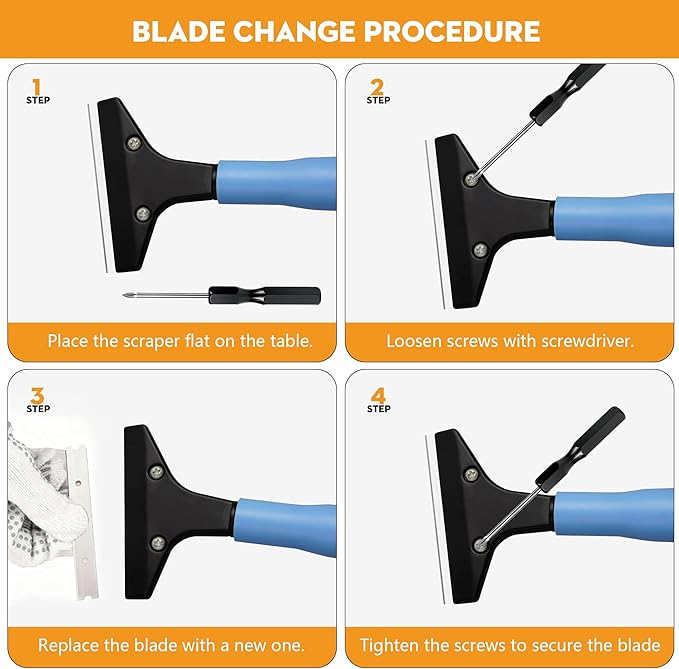 Heavy-Duty Floor Scraper with Long Handle (37''-51.5''), 4-Inch Metal Scraper Cleaning Tool, Comes with 10 Blades, Suitable for Cleaning Walls, Glass, Adhesives, Chewing Gum, and Ceilings