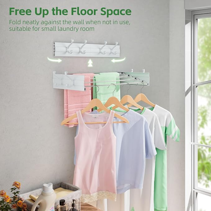 Foldable Wall Mounted Space-Saving Drying Rack, 23.5 In Rustproof Stainless Steel Laundry Hanger with 50 Lbs Heavy Duty Reinforced Rods for Wet Towels & Heavy Clothes, Fits Apartment Bathroom RV,White