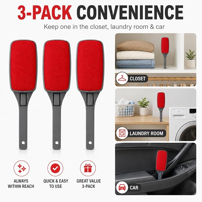 3-Pack Reusable Lint Brush for Clothes, Double Sided Pet Hair Remover Brush with Swivel Head, Fabric Lint Remover for Couch, Furniture, Bedding and Upholstery