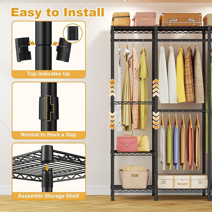ULIFHOME Clothes Rack, Heavy Duty Garment Rack, Extra Large Portable Closet | H50 Clothing Racks for Hanging Clothes, Freestanding Wardrobe Closet 89.8'' W x 15.8" D x 76.2" H, Max Load 1400 Lbs, Black