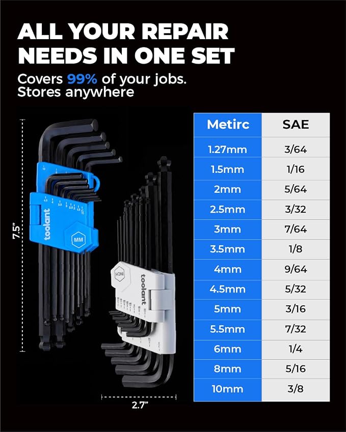 toolant Allen Wrenches Sets 26pcs(Metric&SAE), Long Arm Allen Wrench with Ball End, Metric Hex Key Set 1.27mm- 10mm, SAE Hex Key Set 3/64"- 3/8", Holder Design for Auto Maintenance and DIY Projects