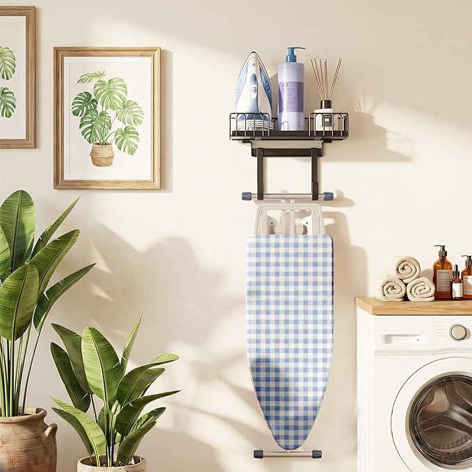 TJ.MOREE Ironing Board Hanger Metal Wall Mount, Ironing Board Holder, Iron Wood Shelf with Large Storage, Laundry Room Decor Black