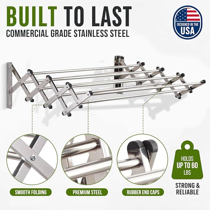 Smartsome Wall Mounted Clothes Drying Rack | Adjustable to Fit Your Space | 20 Linear Feet Drying Capacity | 8 Stainless Steel Rods | 60 lb Capacity | Fully Assembled | Compact Space-Saving Design