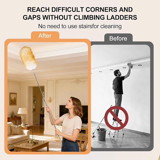Extendable Lambswool Feather Duster 31-88 Inch, Anti-Static Wool Duster for Cleaning with Stainless Steel Pole - Ideal for High Ceilings, Fans, Interior & Roof (Yellow & White)