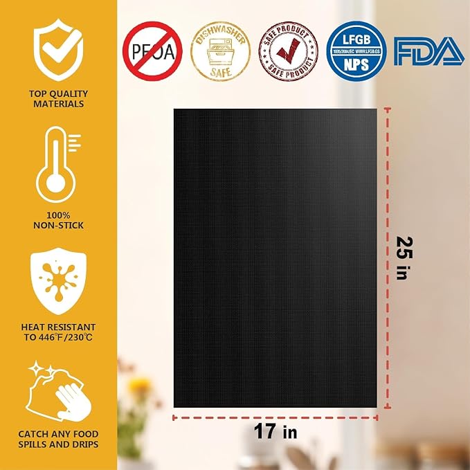 BBQ Grill mats for Outdoor Grill 6 PACK 100% Non-Stick Grill Mats&Baking Mats, Heavy Duty,Reusable and Easy to Clean for Gas, Charcoal, Electric Gril, 17" X 25"
