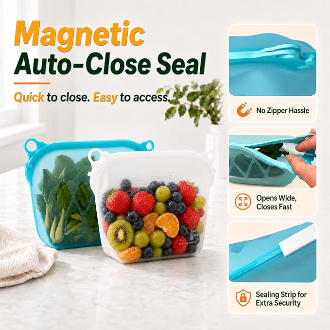 Yosmer Reusable Silicone Food Storage Bag, 50oz/1500ml Food-Grade Silicone Stand-Up Bag with Magnetic Self-Sealing Opening, Clear Windows, Freezer & Dishwasher Safe, Aqua, 1 Pack