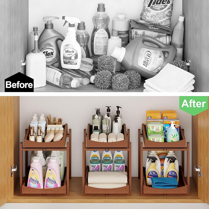 Bamboo Under Sink Organizer and Storage, 2 Pack Pull Out Cabinet Organization, 2 Tier Vertical Slide Out Undersink Storage Shelf, Multi-Purpose Organizer Shelves for Kitchen Bathroom Medicine