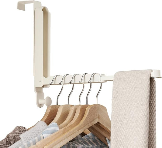 RFOUO Over The Door Hooks Hanger,Fit Door up to 1 3/4",Milky White,1 Pack | Aluminum,Retractable Rod, Space-Saving, Foldable Over The Door Drying Rack,No drilling, For Laundry Bathroom Bedroom Travel