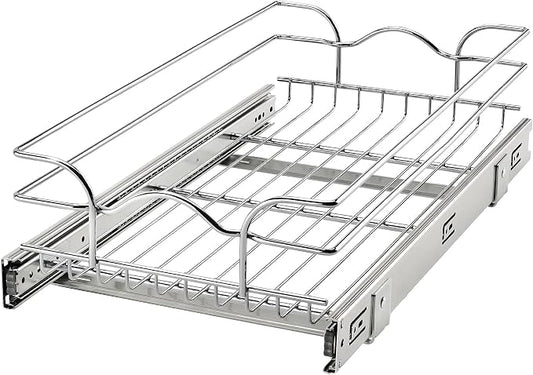 Rev-A-Shelf Steel Wire Pullout Drawer Organizer Shelf for Kitchen Cabinets, Slide Out Storage Basket, Min Opening Width of 11.5" W, 12" x 22", 5WB1-1222CR-1