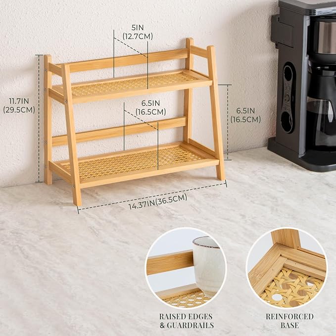 ANBOXIT Matcha Station Organizer, Countertop Bamboo Coffe & Tea Station | Rattan-Look 2 Tier Mug Holder Display Stand for Kitchen Condiment, Coffee Accessories, Home, Office