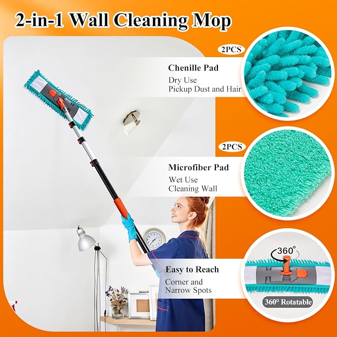 20ft High Ceiling Duster Kit with 4-12ft Heavy-Duty Extension Pole, Cobweb Duster, Ceiling Fan Duster, Window Squeegee & Cleaner, Microfiber Duster, Wall Mop for Home High Reach Cleaning