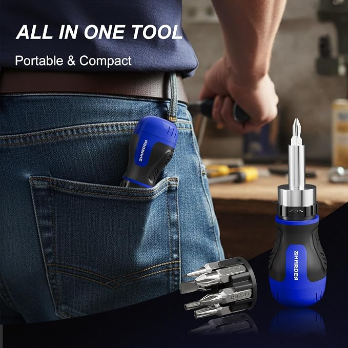 8 in 1 Stubby Ratcheting Screwdriver Multi Short Screw Driver Set | 6 CRV Bits Phillips, Slotted, Torx, Portable All-in-One Repair Tool Kit for Home DIY Tables, Doors, Chairs, Portable Tools