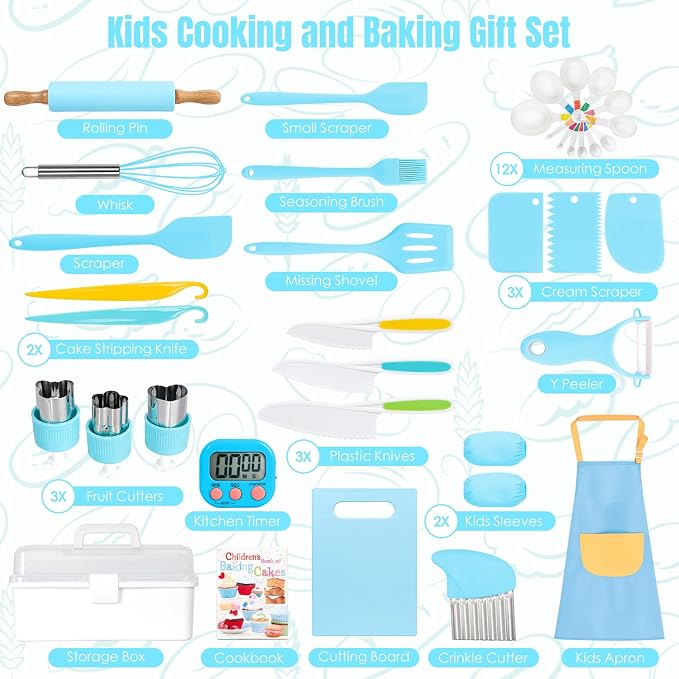 37PCS Kids Cooking Sets Real, Kids Cooking and Baking Gift Set with Storage Case Timer Kid Safe Knives Cutting Board, Toddler Real Kitchen Accessories, Birthday Gifts for Girls Boys Age 3 - 8