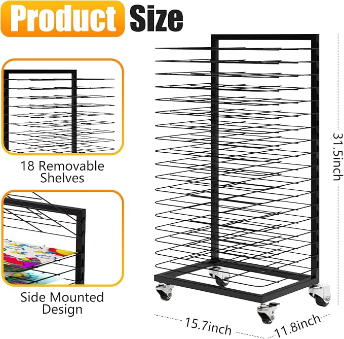 Art Drying Rack for Classroom – 18 Removable Shelves, Mobile Rolling Metal Painting Drying Rack with Locking Casters, Paint Rack for Art Studio, School & Home