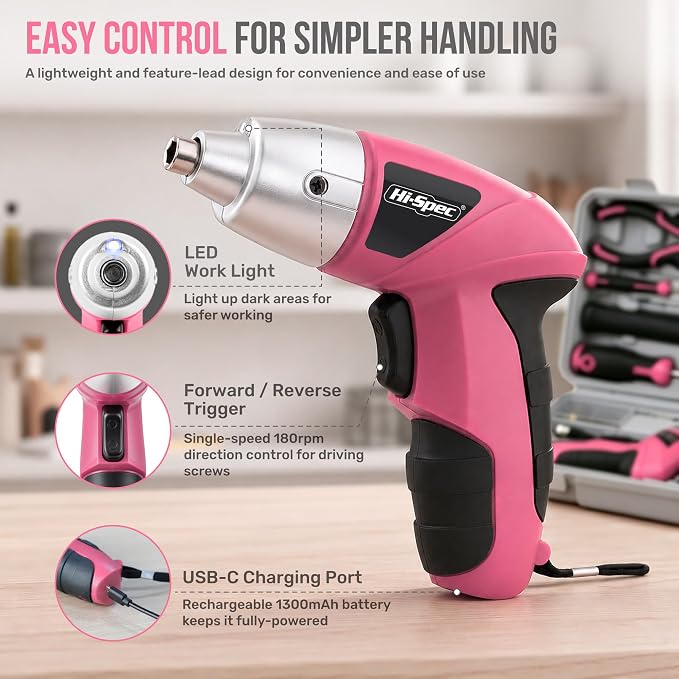 Hi-Spec 4V Electric Ladies Screwdriver Tool Kit Compact Portable Case, Pink | 42pc, everyday fixes made easier, organized portable storage, beginner-friendly selection, apartment and office tasks, tidy