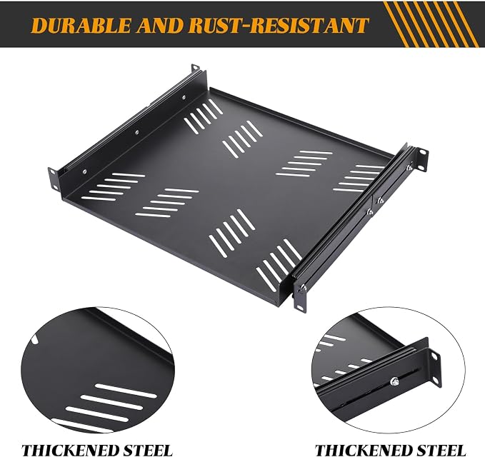 1 Pcs 1U Sliding Rack Shelf, Standard 19 Inch 4-Post Server Rack Adjustable Mounting 15-29 Inch Depth Vented Cantilever Shelf,Support up to 40 LBS Network Cabinet, AV Racks IT Equipment