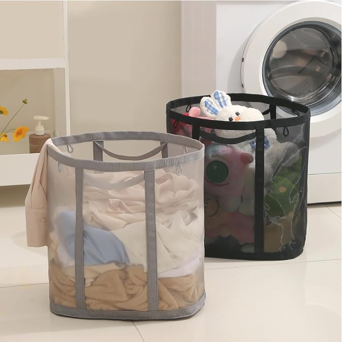 Mesh Bag with Handles, Collapsible Laundry Basket, Foldable Laundry Bag, Breathable Folding Beach Bag,Space-saving Travel Tote Bags (2, Grey)