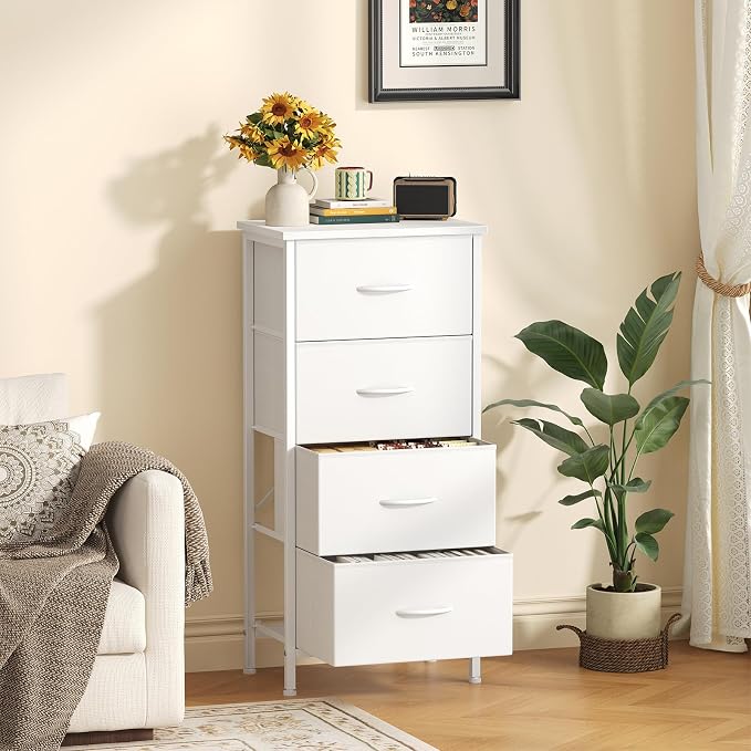 Sweetcrispy Dresser for Bedroom, 4 Drawer Storage Cabinet, Tall Nightstand | Small Fabric White Dresser for Closet, Chest of Drawers, Closet Organizer, Home Furniture, Sturdy Frame