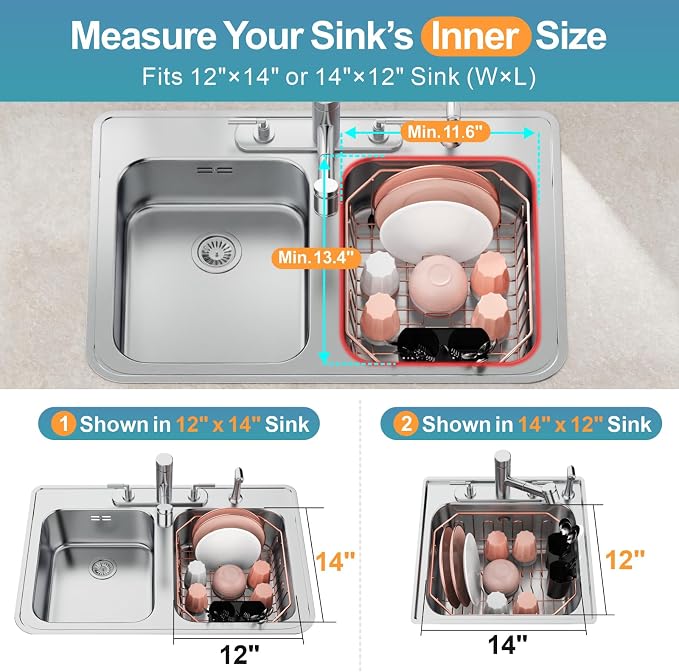 GSlife Small in Sink Dish Drying Rack - Stainless Steel Compact Dish Drainer for RV Kitchen Apartment Sink, Rust Resistant Inside Sink Rack, 1–2 Person Households, 11.6" W x 13.4" L, Rose Gold
