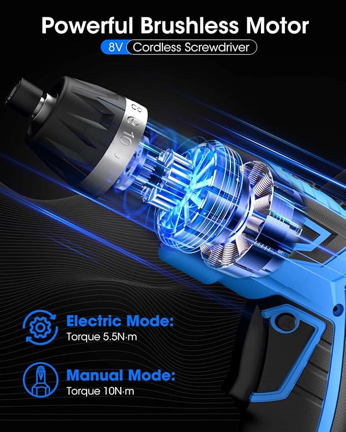 8V Cordless Screwdriver,10+1 Precision Torque Electric Screwdriver | Upgraded Max 10N·m 2000mAh Rechargeable Screw Gun with 50-Piece Kit,180° Pivoting Handle,LED Light,Gift for DIY & Home